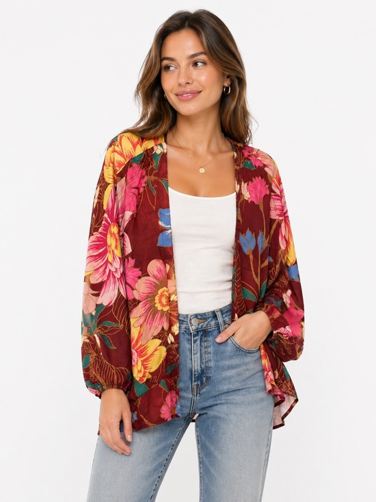 Umgee Tops - NWT Umgee Size S/M Burgundy Floral Open Front Cardigan with Pink Yellow Accents